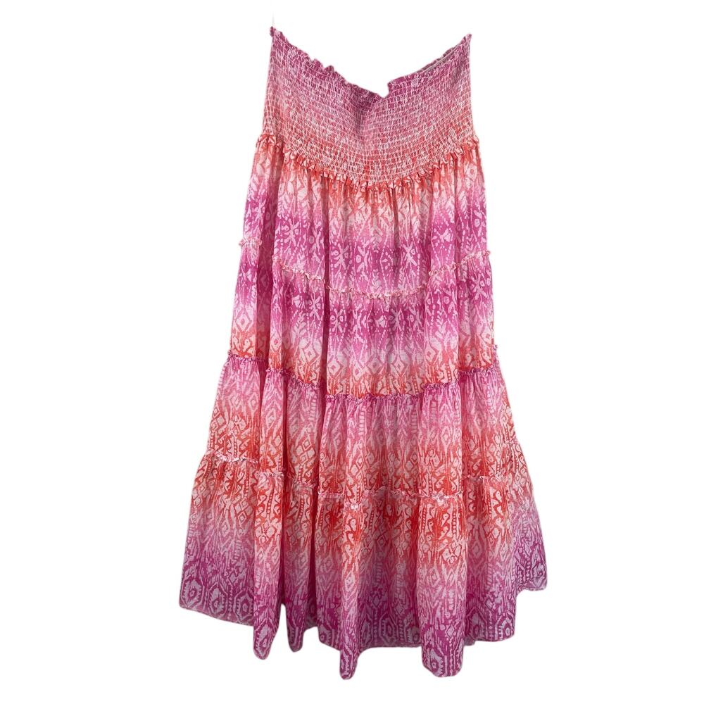 Lauren Ralph Lauren Printed Tiered Strapless Midi Dress Smocked Vacation Sz. L - Picture 4 of 11